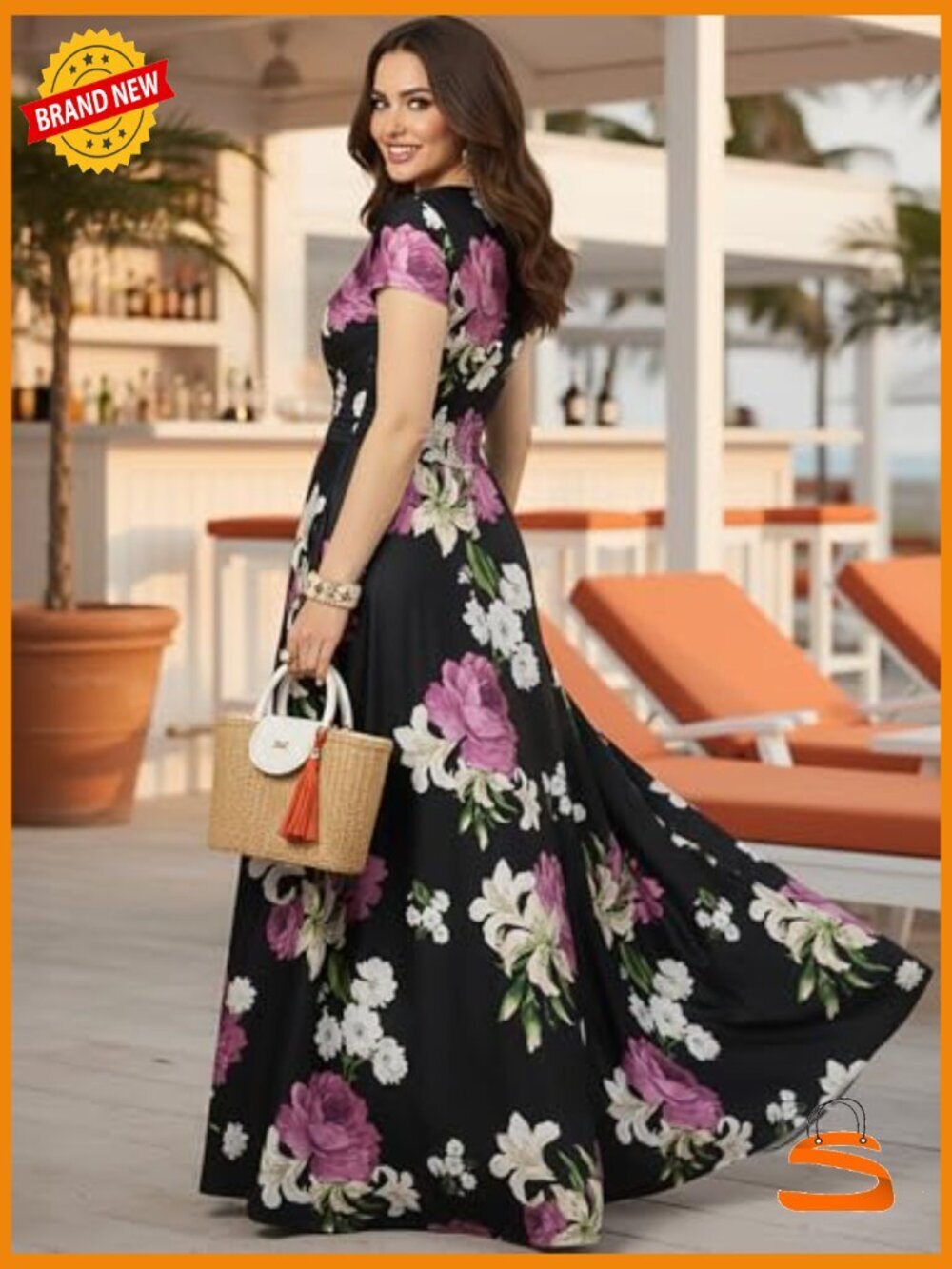 Flowing Floor Length Maxi Dress with Short Sleeves V-Neck Plus Size - Picture 6 of 7